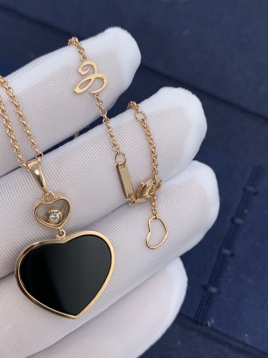 Chopard Happy Heart Onyx Necklace Pink Gold Cubic Zirconia