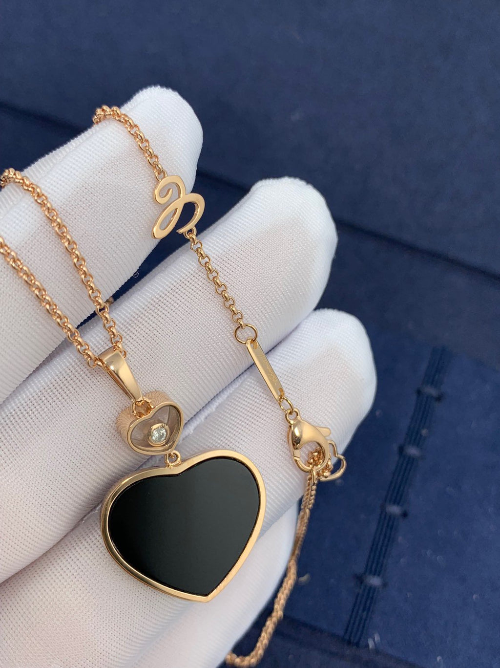 Chopard Happy Heart Onyx Necklace Pink Gold Cubic Zirconia