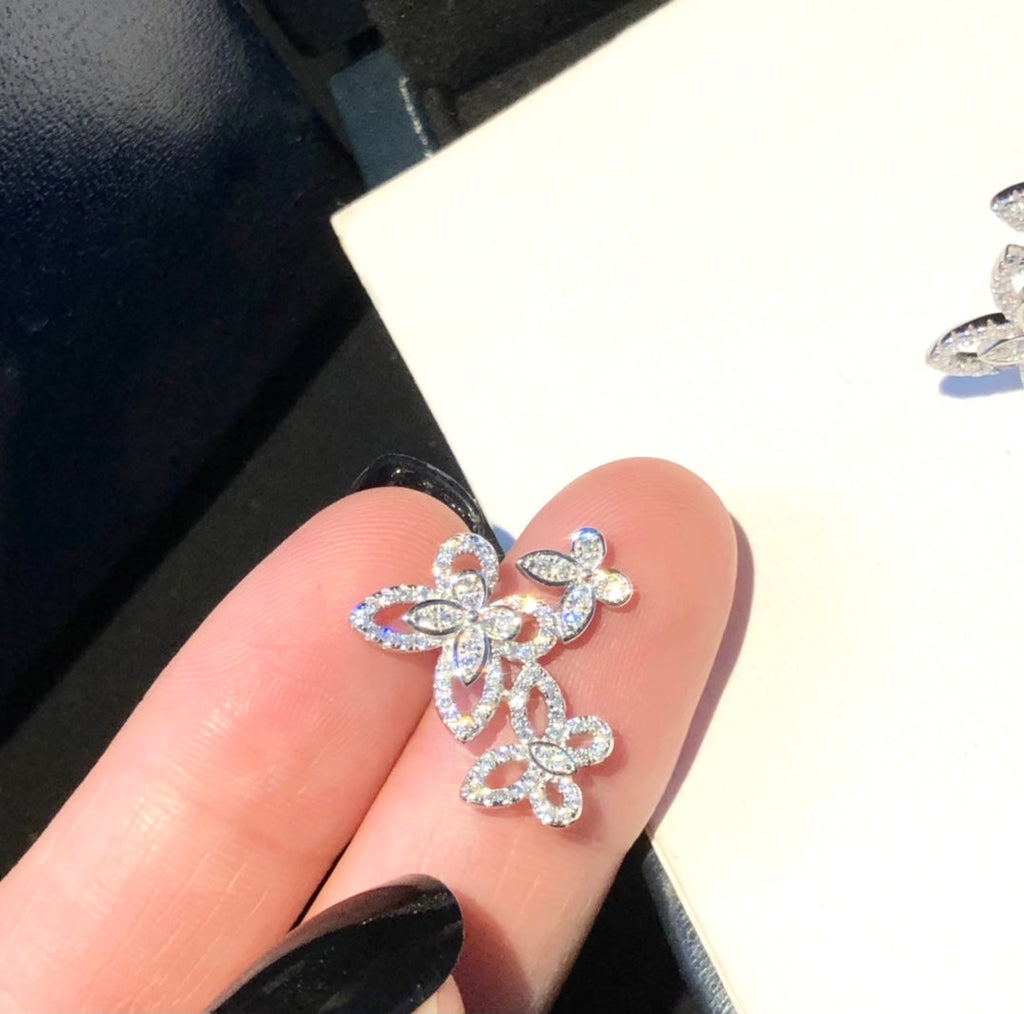 Graff Triple Butterfly Sihouette Silver Diamond Earrings