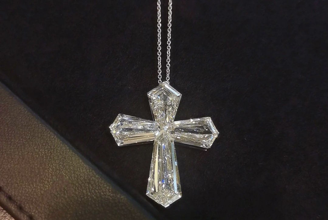 Graff Baguette Cut Silver Cubic Zirconia Cross Necklace