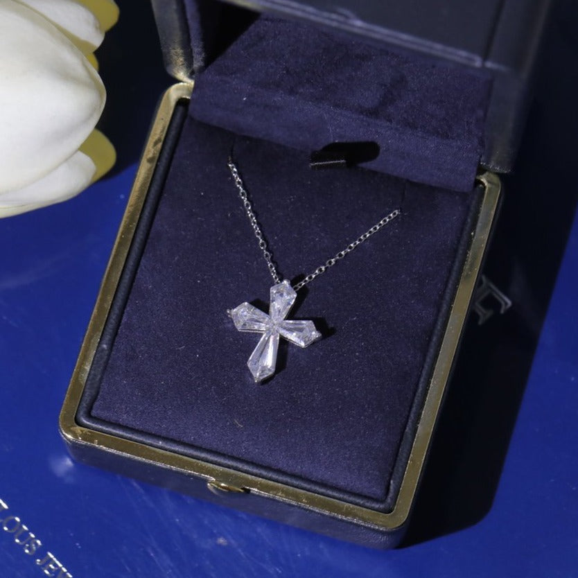 Graff Baguette Cut Silver Cubic Zirconia Cross Necklace