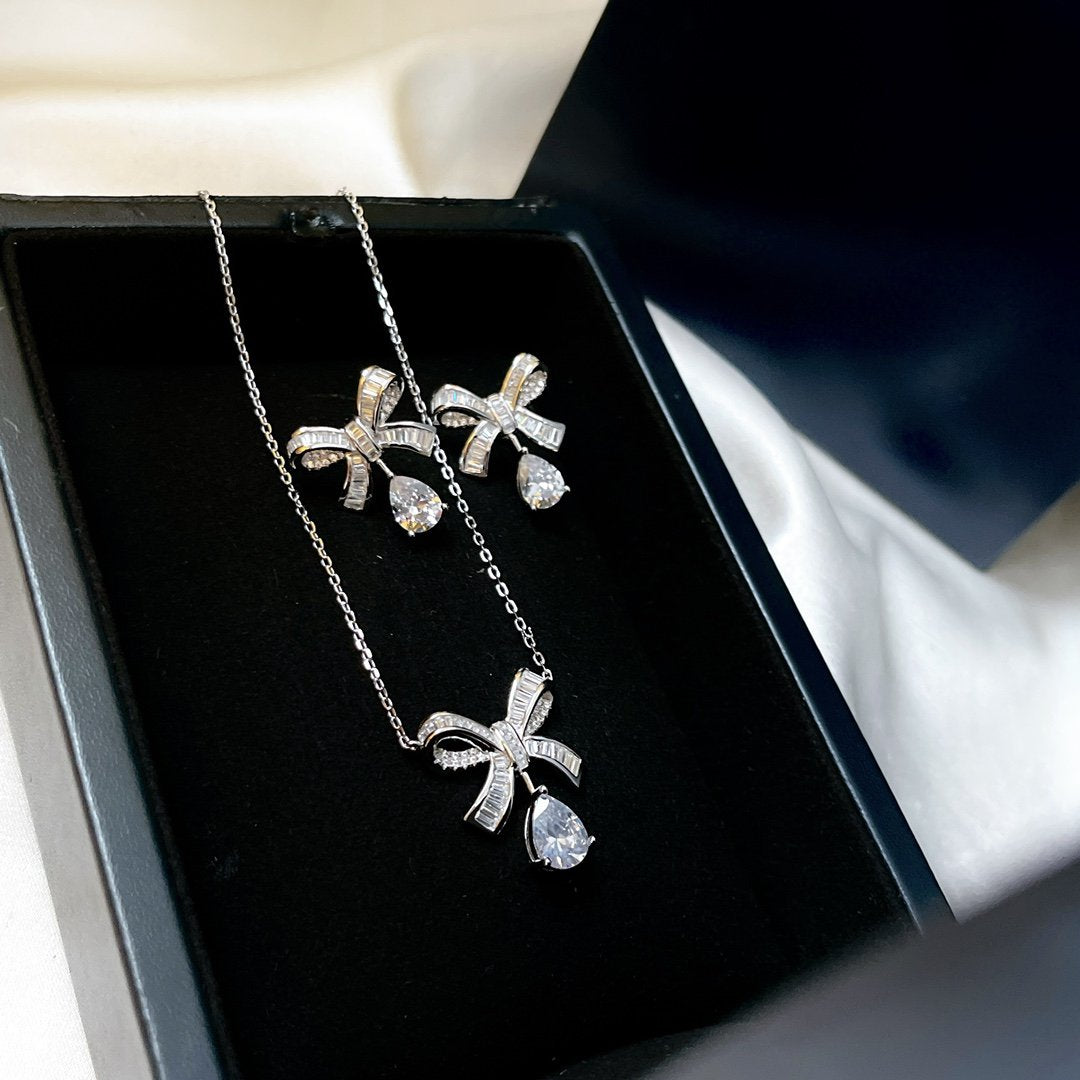 Graff Tilda Bow Baguette Cut Silver Cubic Zirconia Drop Necklace