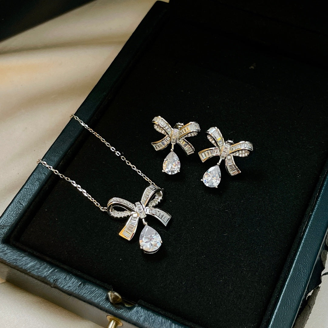 Graff Tilda Bow Baguette Cut Silver Cubic Zirconia Drop Necklace