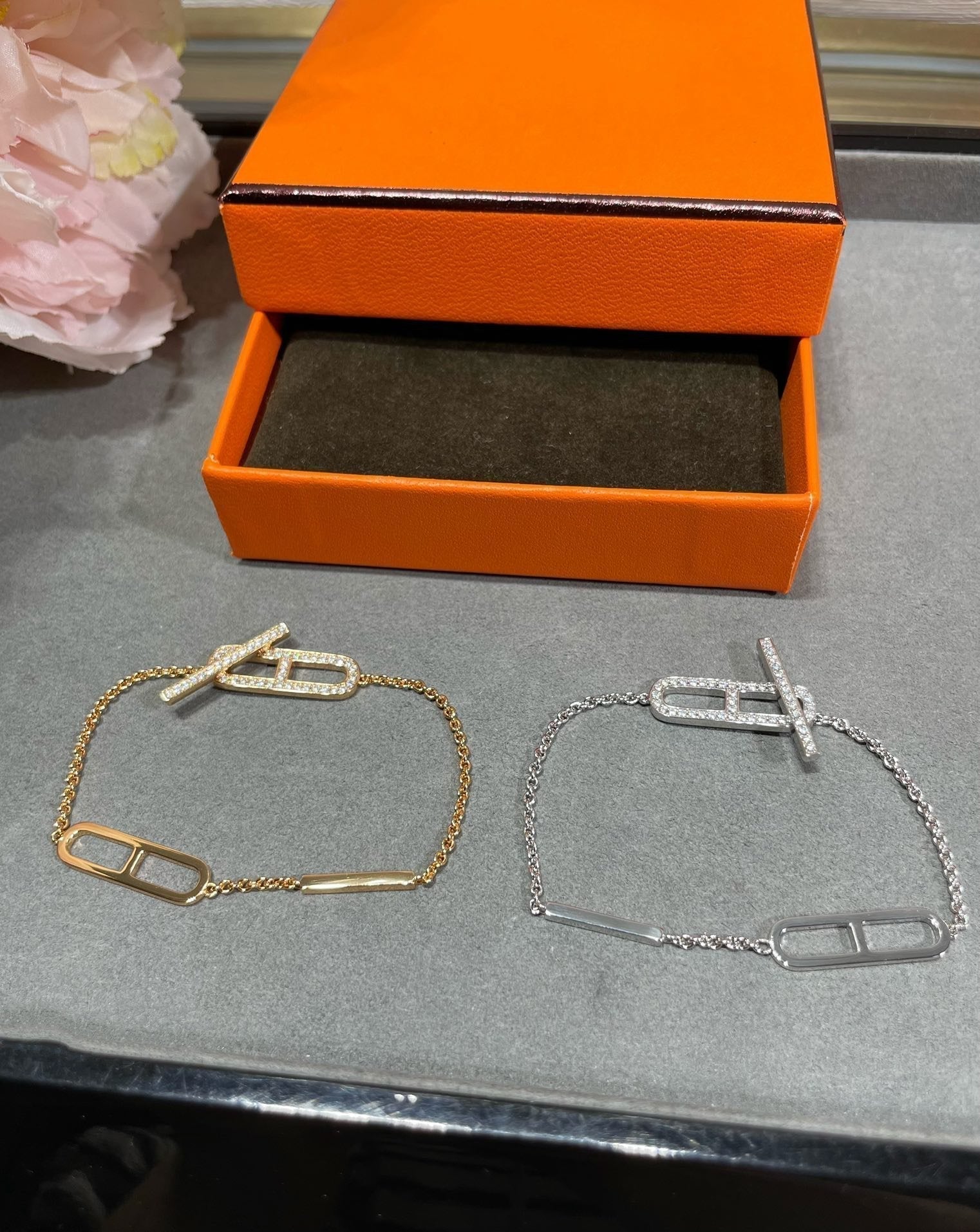 Hermes HM 18K Rose Gold Diamond PM Ever Chaine D'Ancre Bracelet St