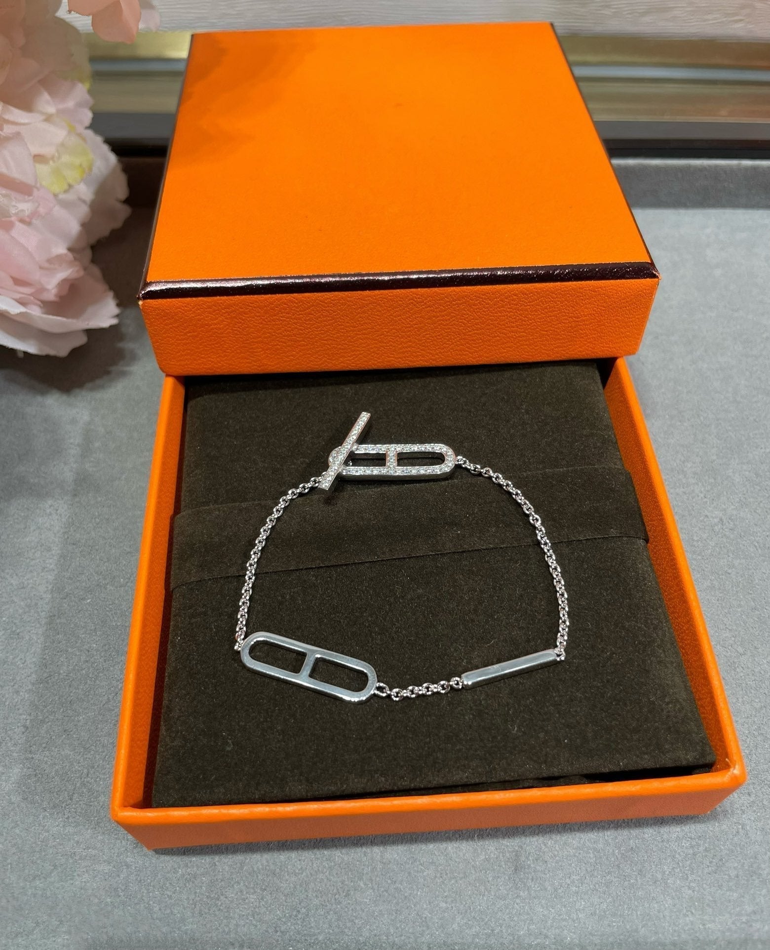 Hermes HM 18K Rose Gold Diamond PM Ever Chaine D'Ancre Bracelet St