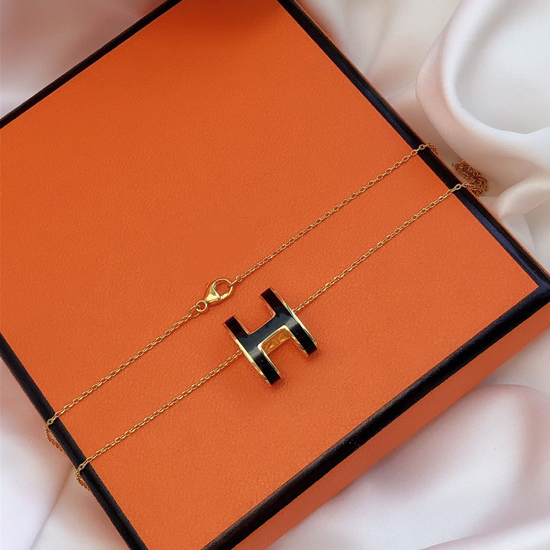 Hermes HM Clic Black Enamel Gold Necklace