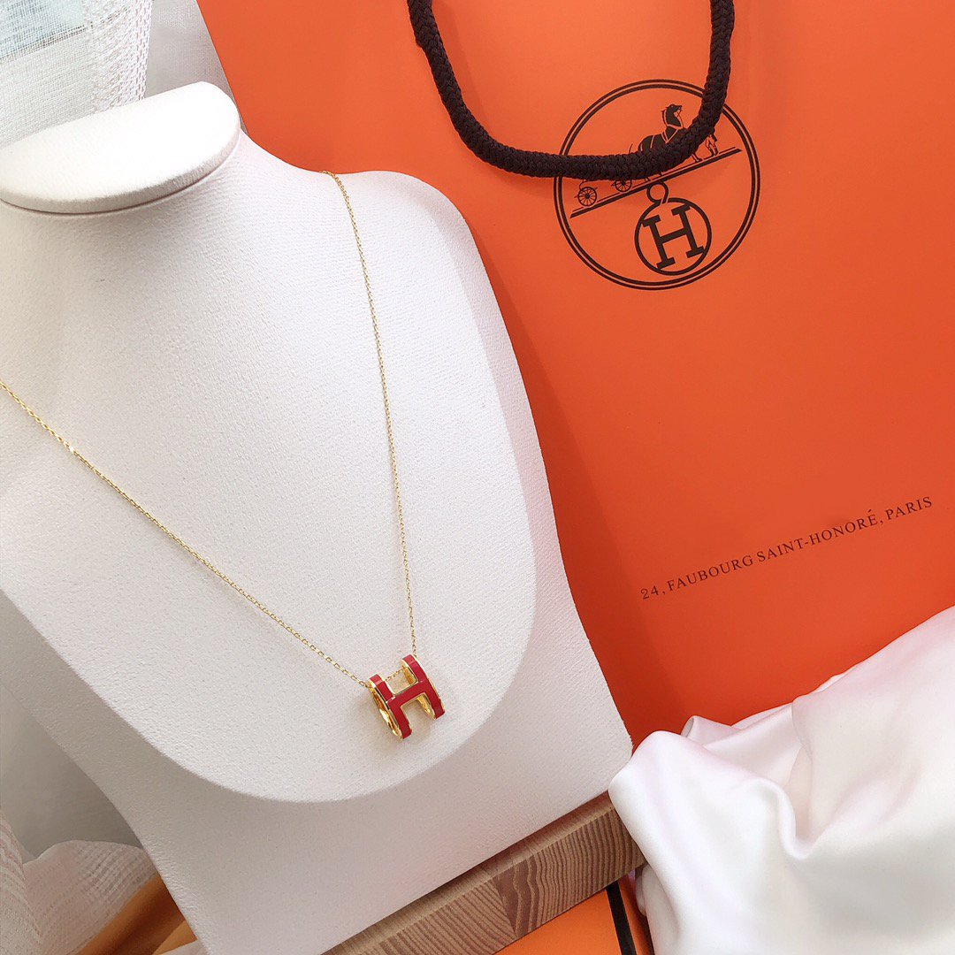 Hermes HM Clic Red Enamel Gold Necklace