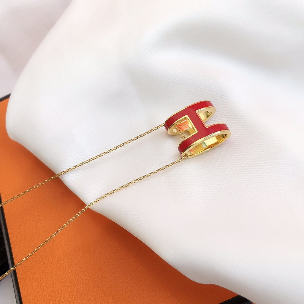 Hermes HM Clic Red Enamel Gold Necklace