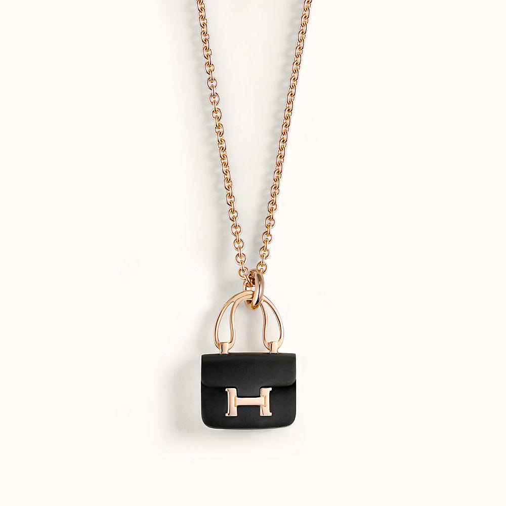 Hermes Constance Black Pendant Pink Gold Necklace