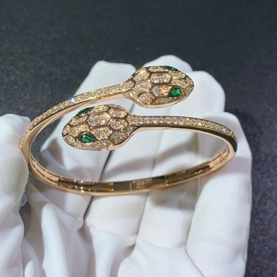 Bvlgari Serpenti Bracelet Gold Malachite Cubic Zirconia Double Snake