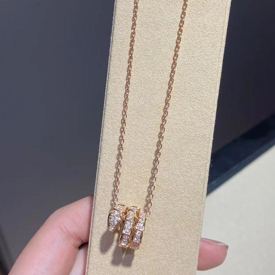 Bvlgari Serpenti Pink Gold Necklace Double Ring Cubic Zirconia