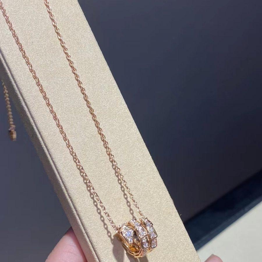 Bvlgari Serpenti Pink Gold Necklace Double Ring Cubic Zirconia