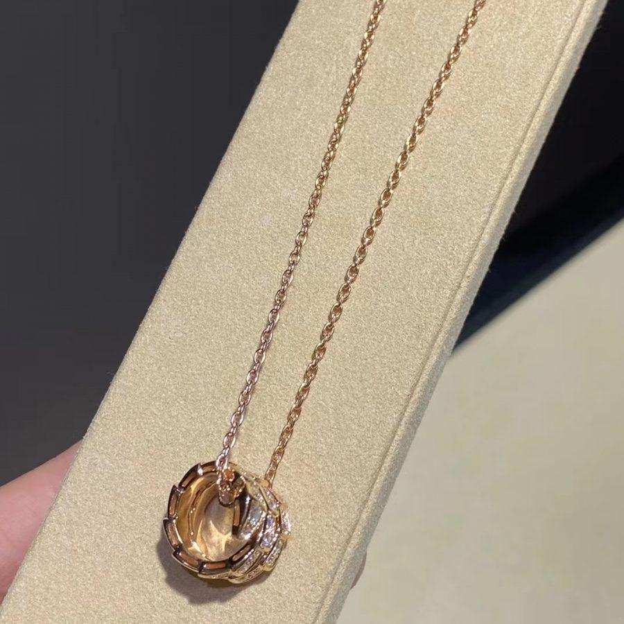 Bvlgari Serpenti Pink Gold Necklace Double Ring Cubic Zirconia