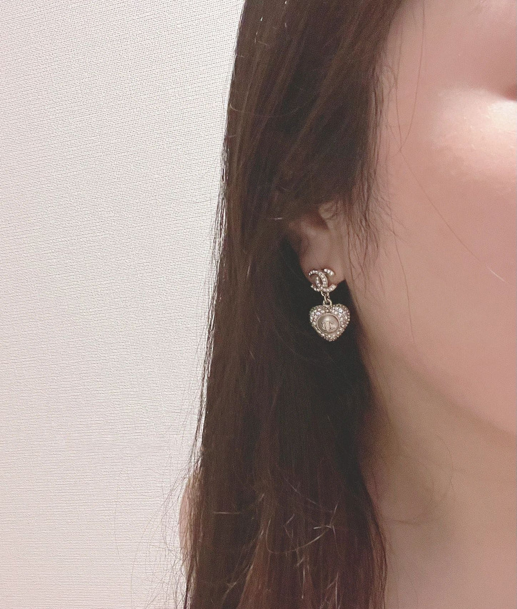 Chanel Logo Cubic Zirconia Paved Heart MOP Drop Earrings