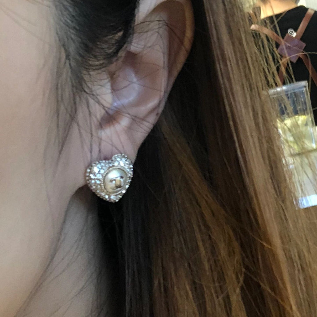 Chanel Heart Cubic Zirconia Paved MOP Stud Earrings