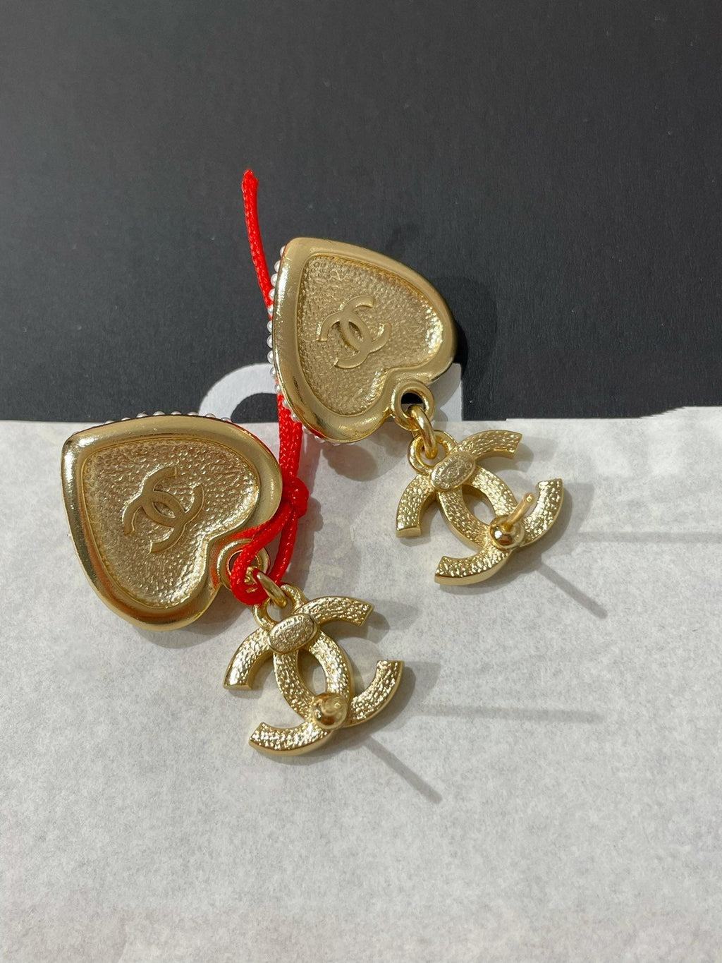 Chanel Logo Cubic Zirconia Paved Heart MOP Drop Earrings