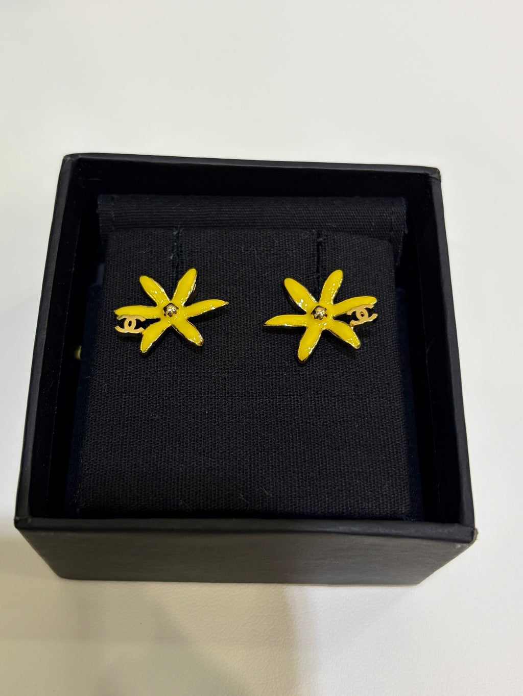 Chanel 2026 Gold Double C Blue and Yellow Enamel Flower Stud Earrings