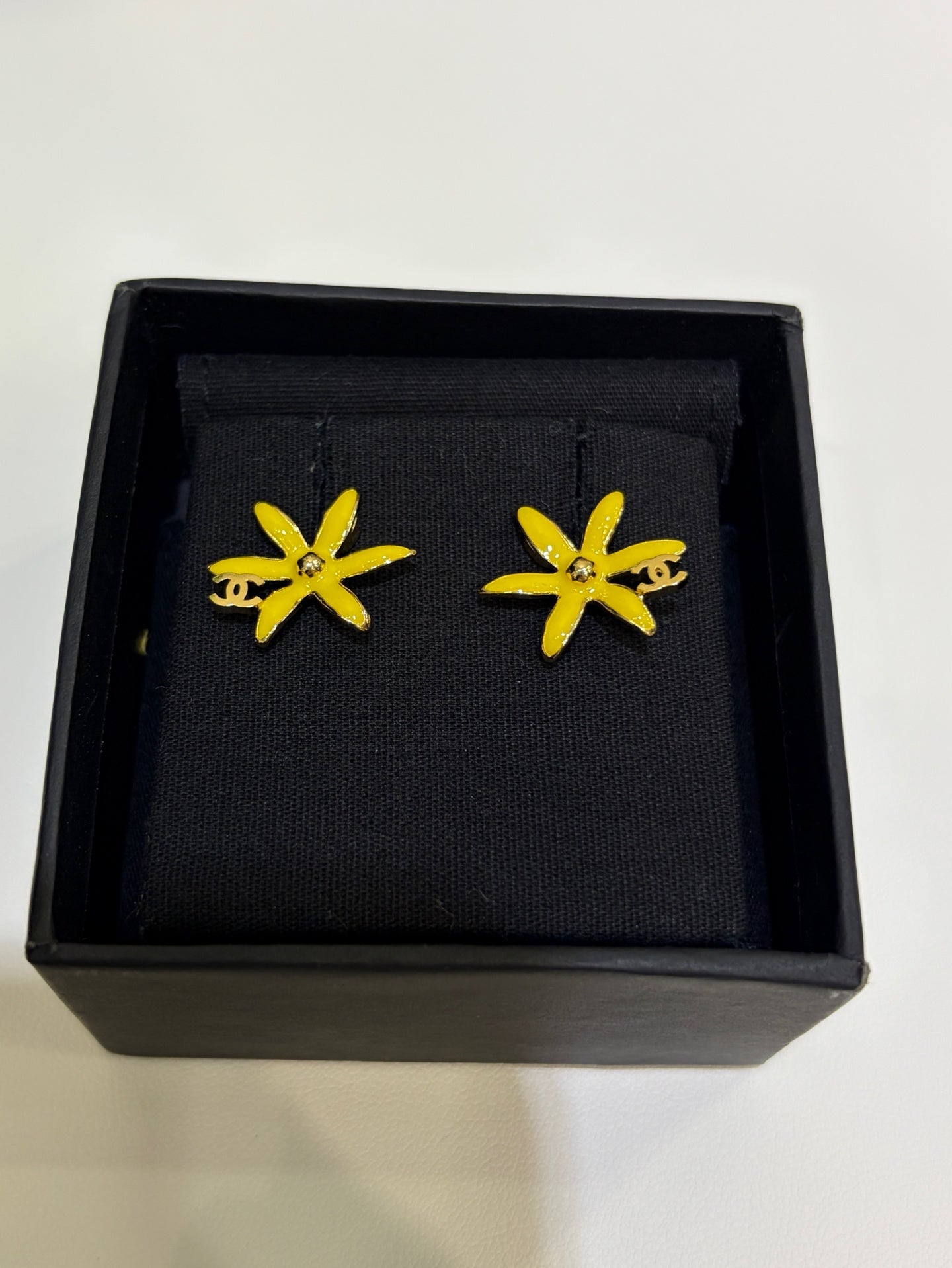 Chanel 2026 Gold Double C Blue and Yellow Enamel Flower Stud Earrings
