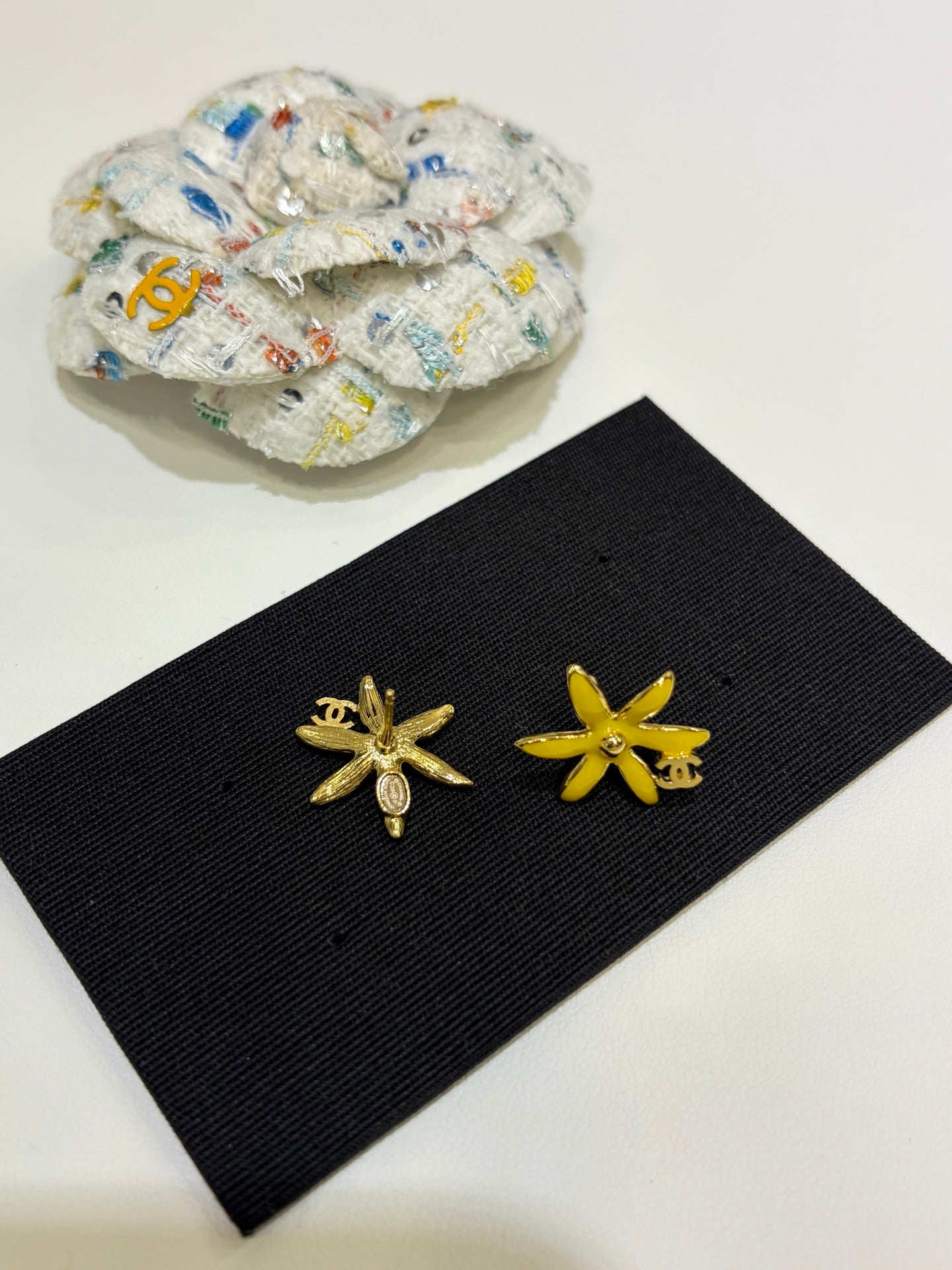 Chanel 2026 Gold Double C Blue and Yellow Enamel Flower Stud Earrings