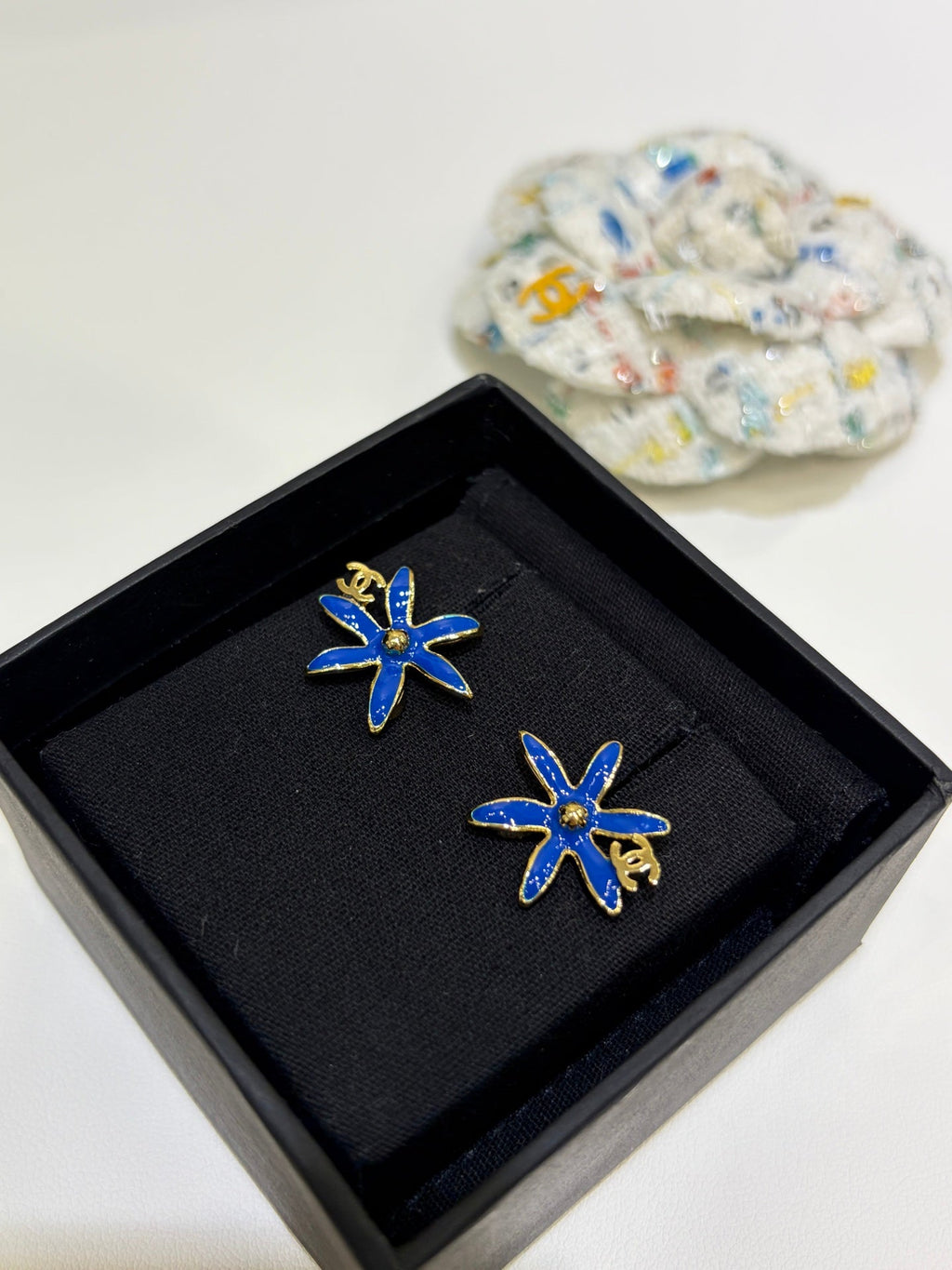 Chanel 2026 Gold Double C Blue and Yellow Enamel Flower Stud Earrings