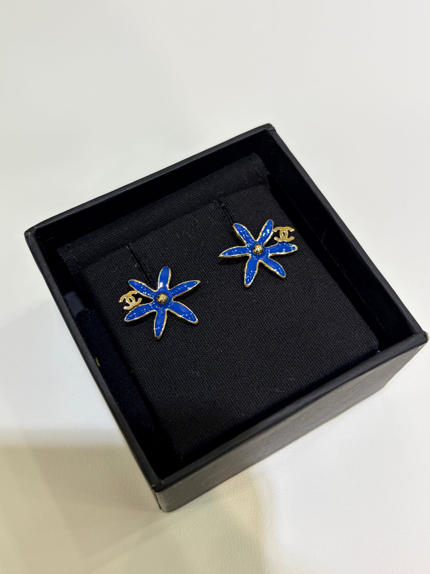 Chanel 2026 Gold Double C Blue and Yellow Enamel Flower Stud Earrings