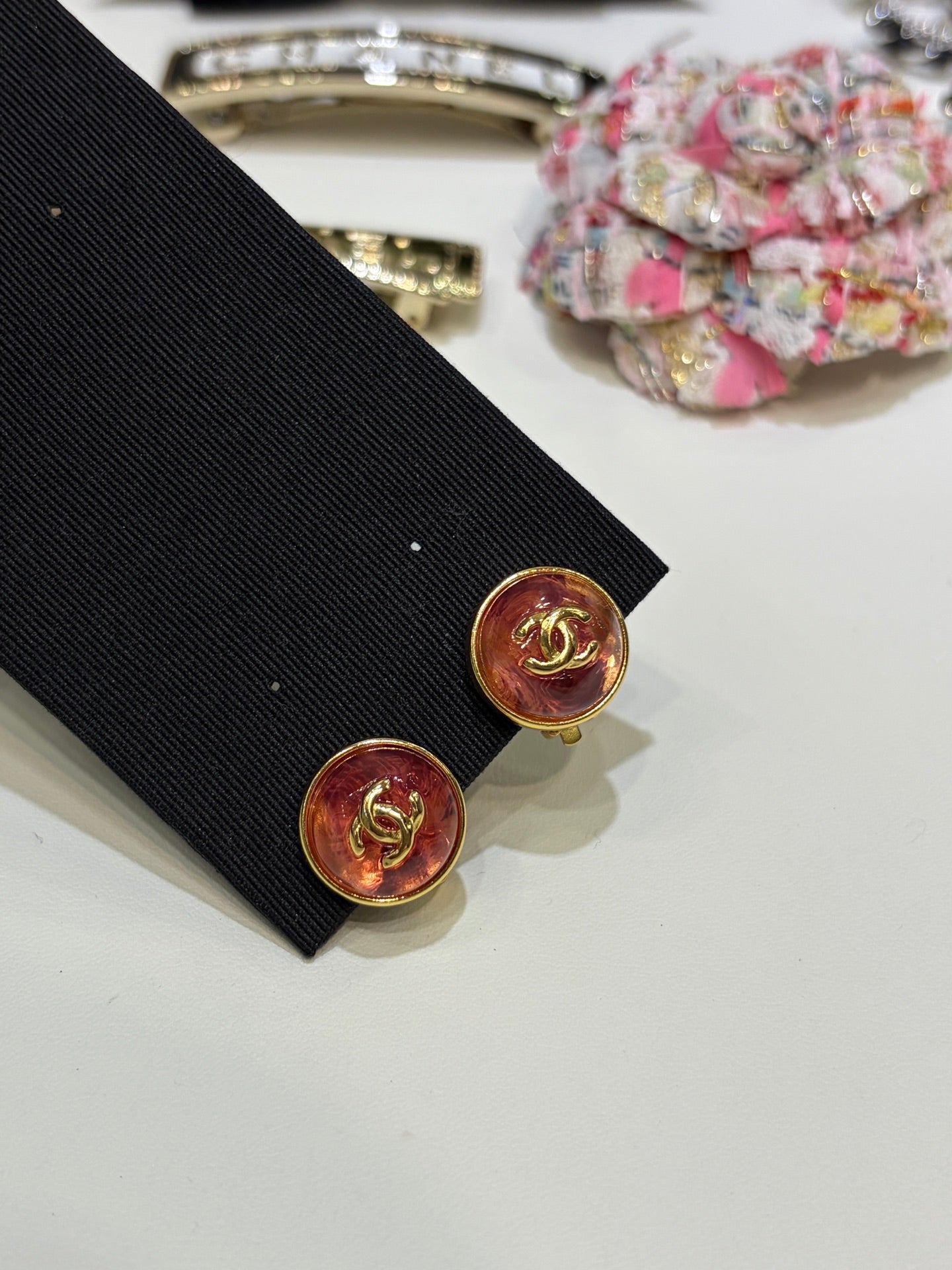 Chanel Gripoix Earrings with Gold Logo and Red Glass Stones
