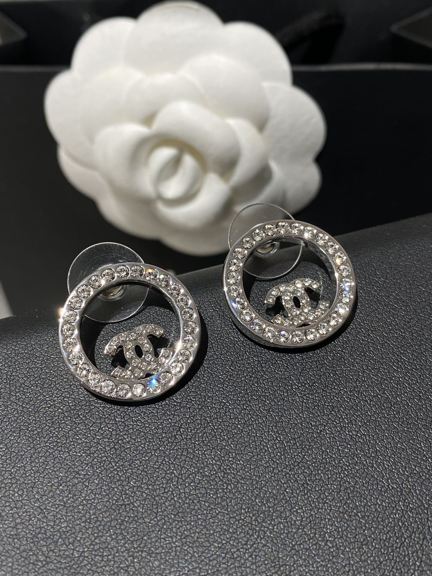 Chanel Classic Platinum Rhinestone Stud Silver Earrings