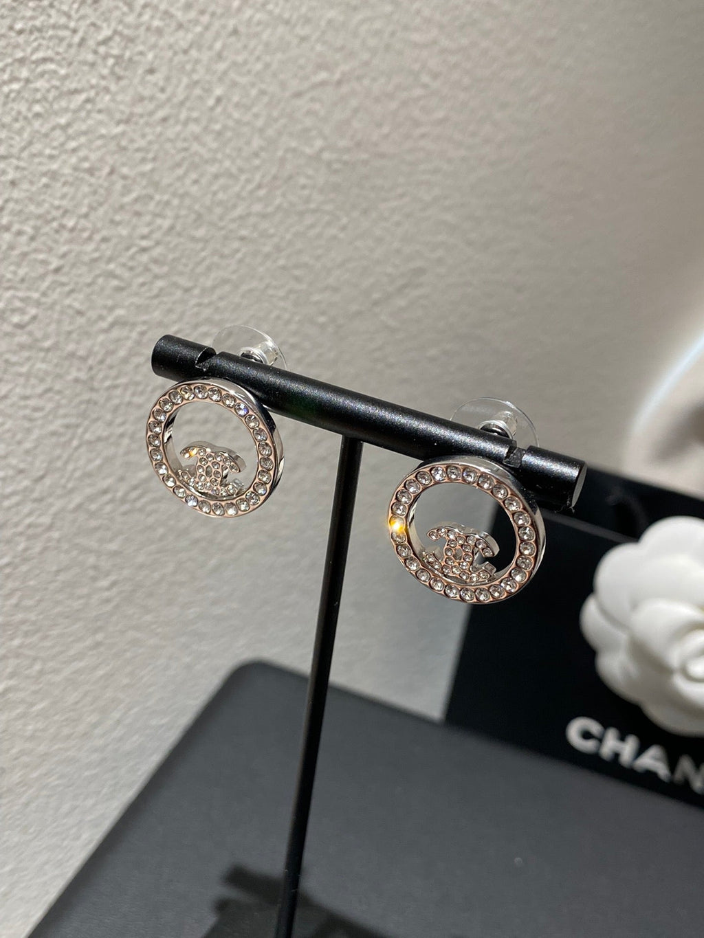 Chanel Classic Platinum Rhinestone Stud Silver Earrings