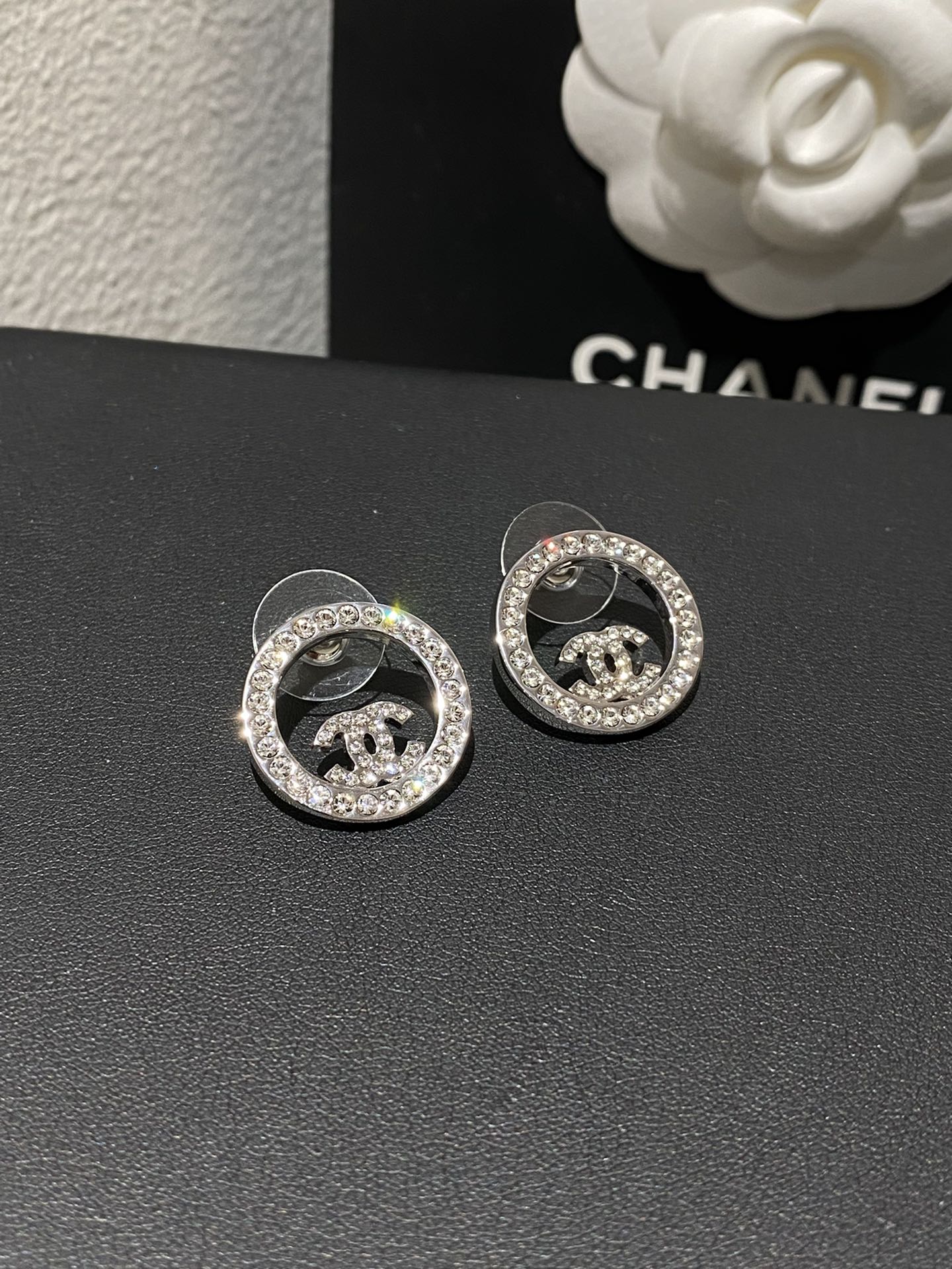 Chanel Classic Platinum Rhinestone Stud Silver Earrings