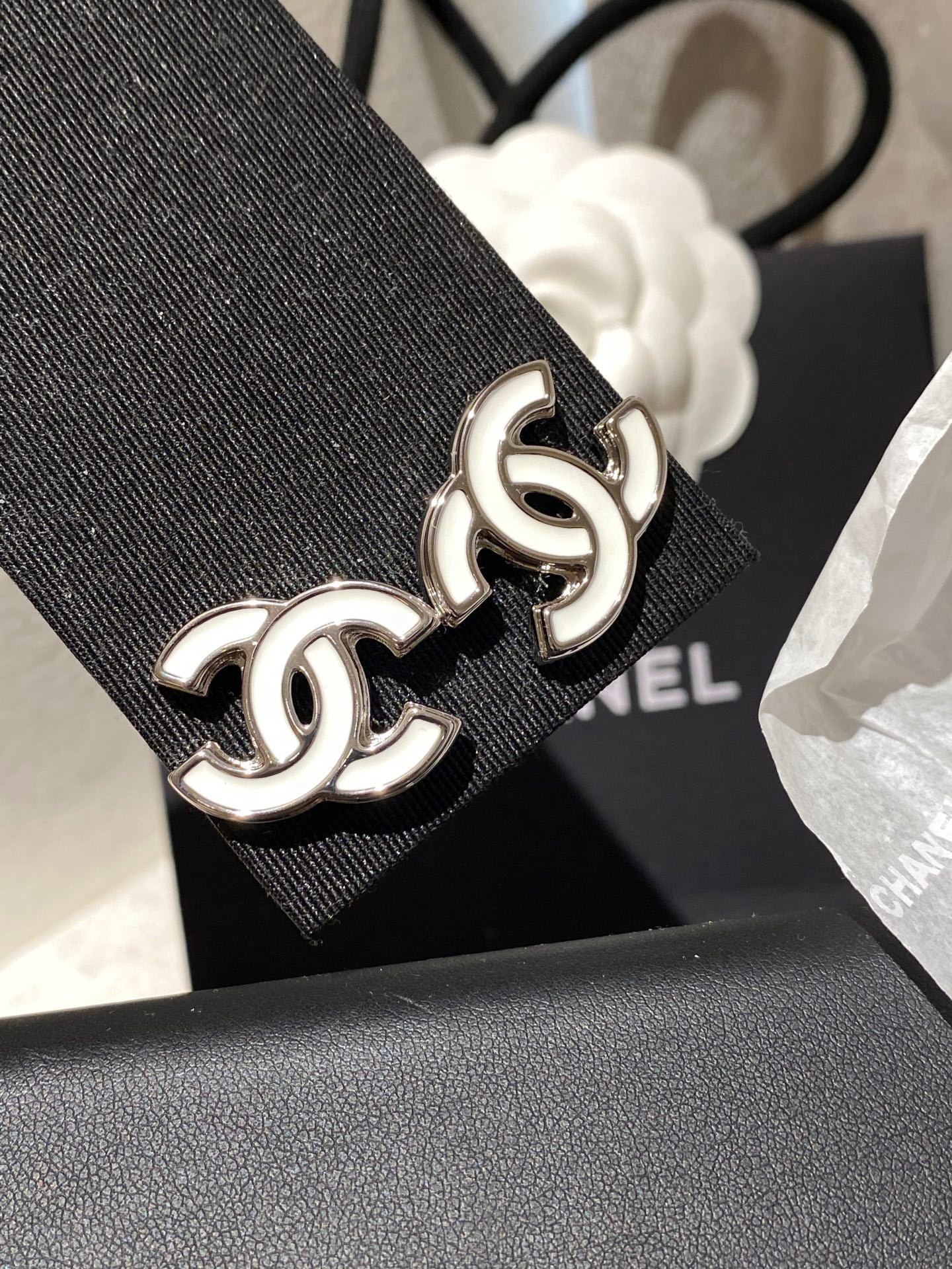 Chanel Classic White Silver Enamel Double C Earrings - Style 1