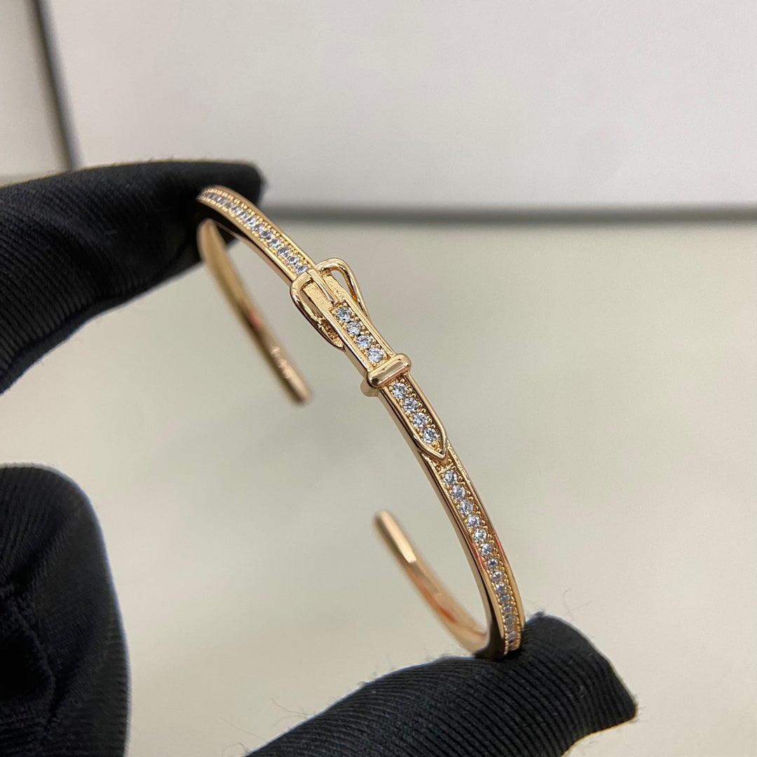 Hermes Full Diamond Buckle Belt Open Bracelet