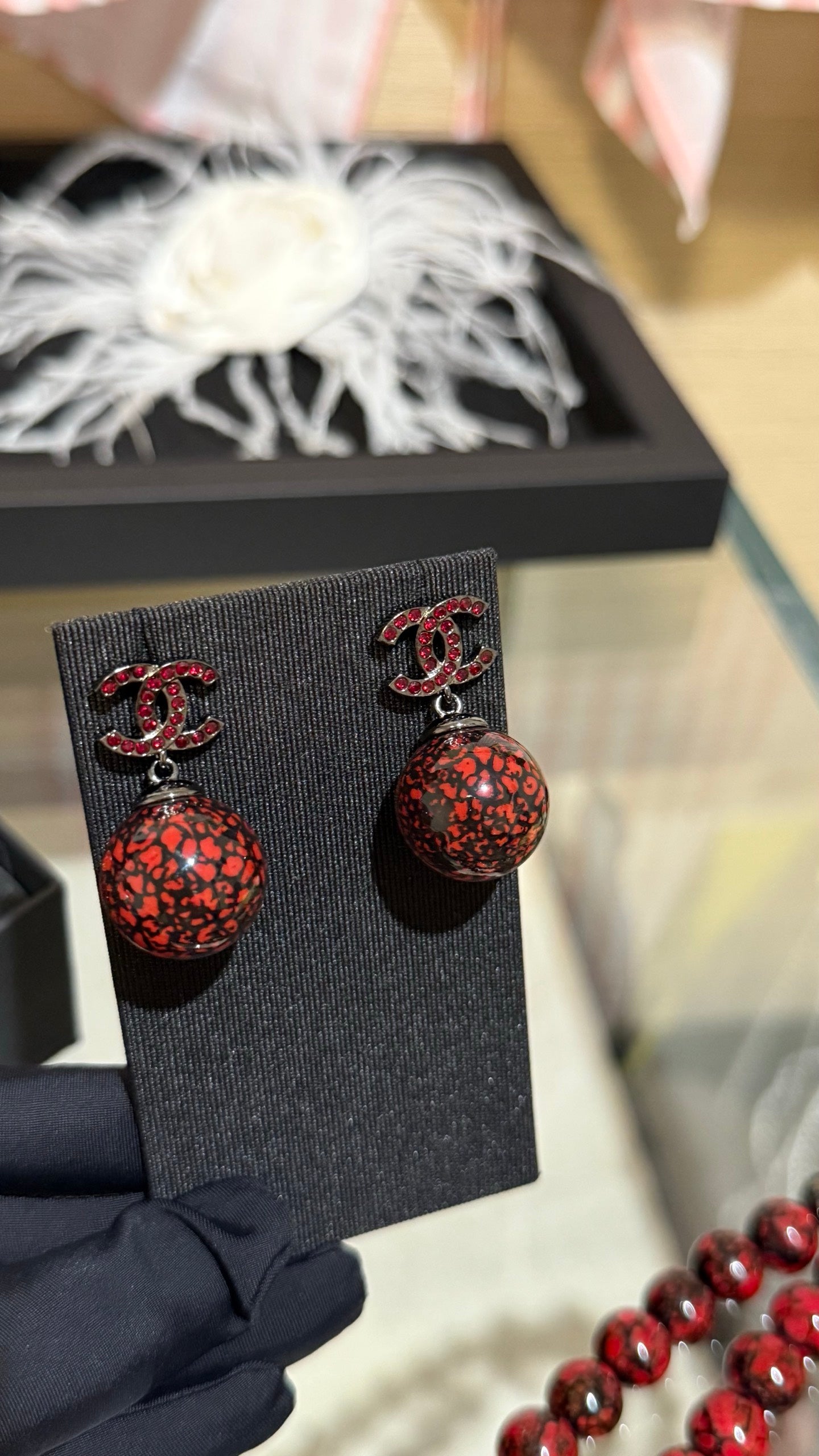 Chanel Double C Deep Red and Black Resin Ball Earrings