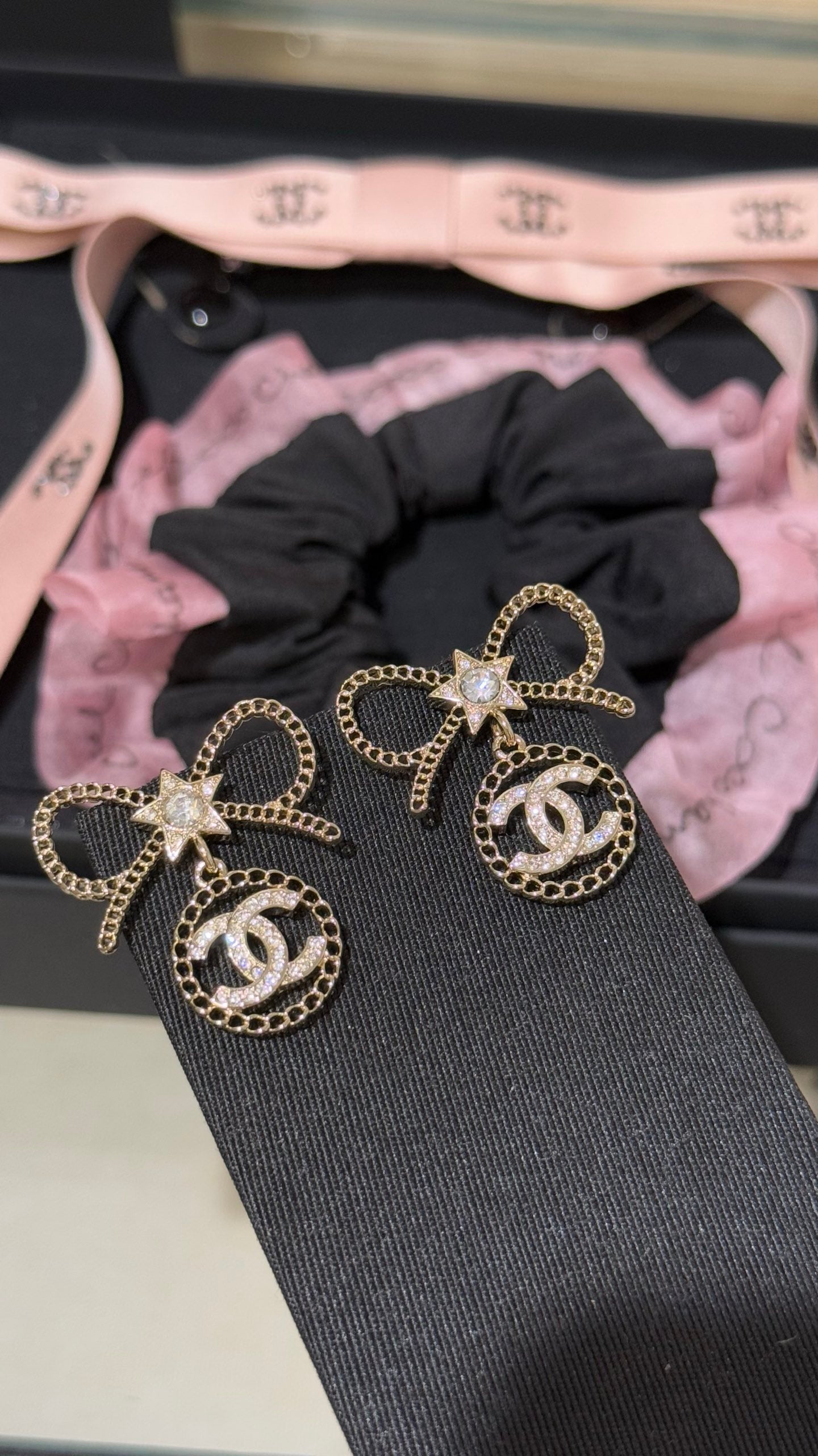 Chanel Light Gold Earrings with Bow Rhinestones and Stars