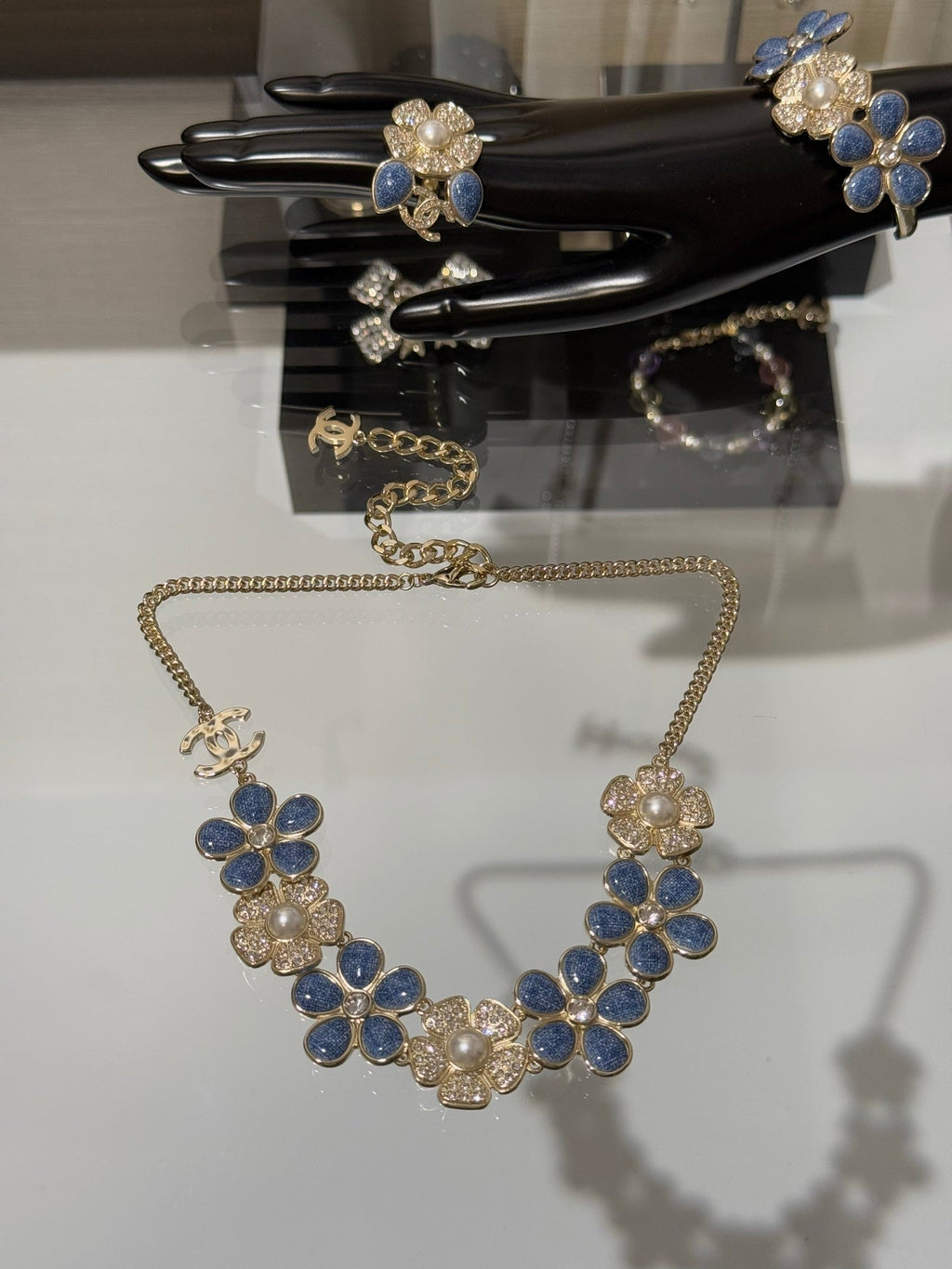 Chanel 2026 Denim Enamel Crystal Light Gold Double C Full Diamond Flower Pearl Necklace