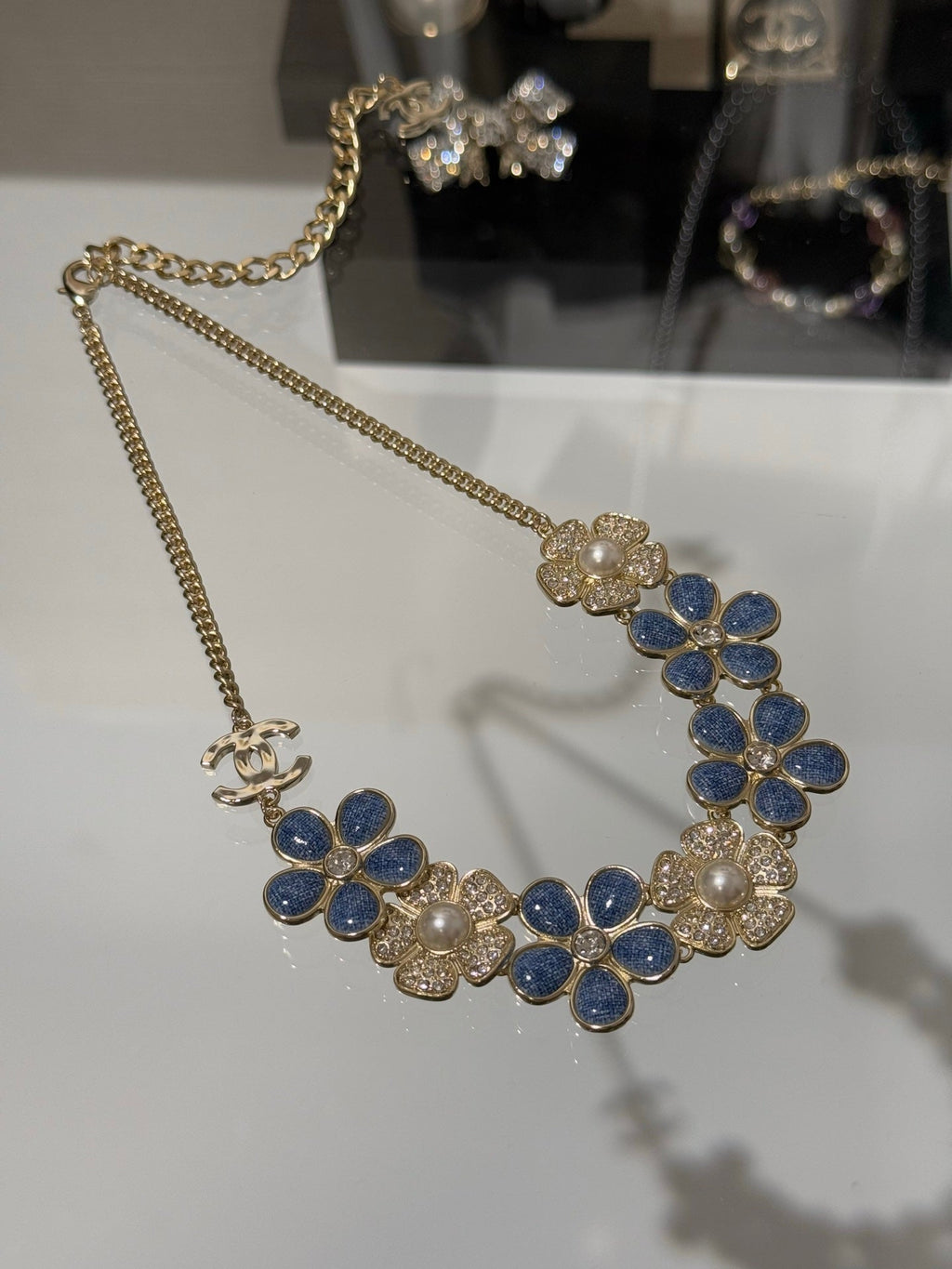 Chanel 2026 Denim Enamel Crystal Light Gold Double C Full Diamond Flower Pearl Necklace