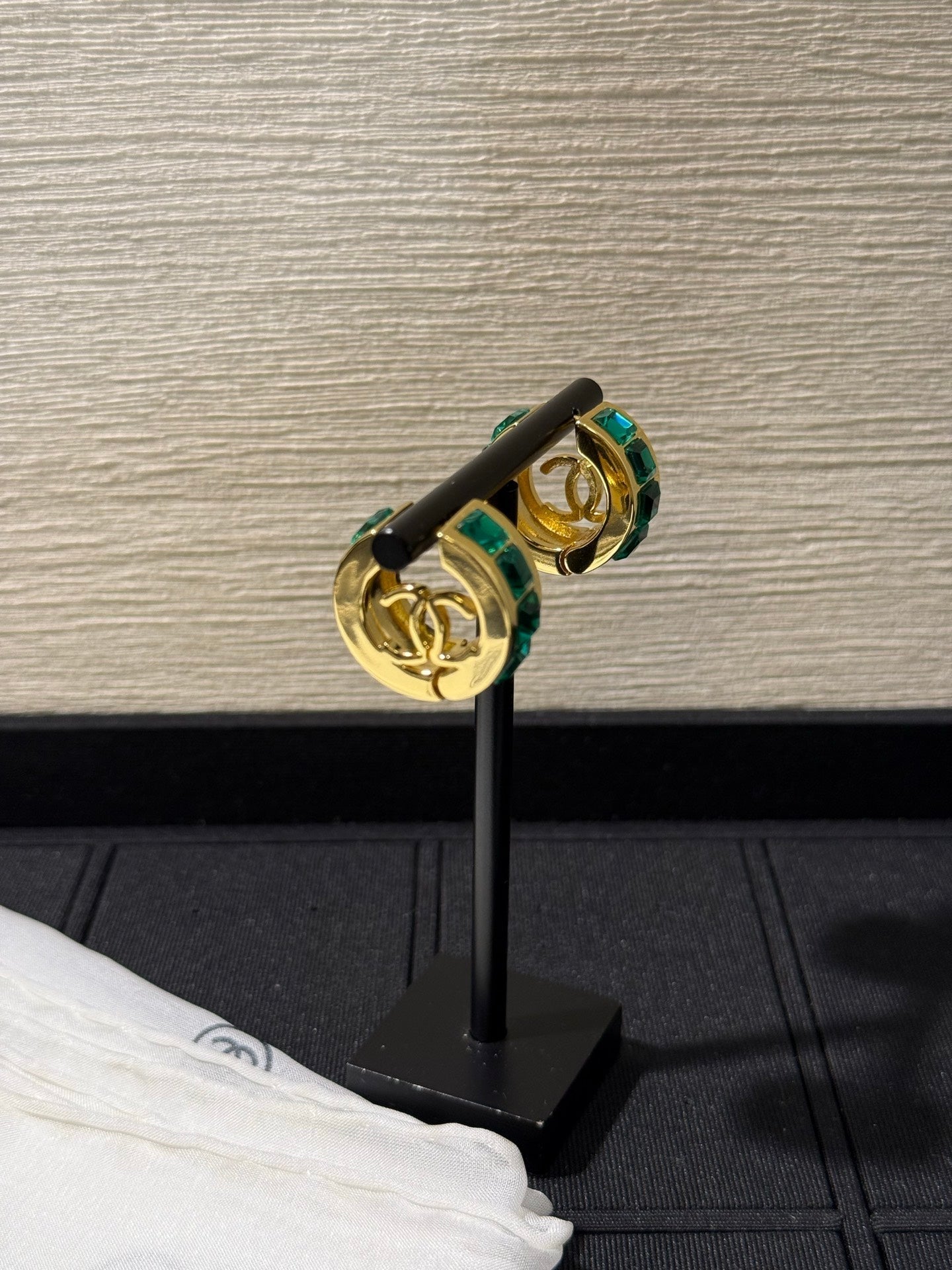 Chanel 2026 Emerald Square Diamond Gold Double C Hoop Stud Earrings