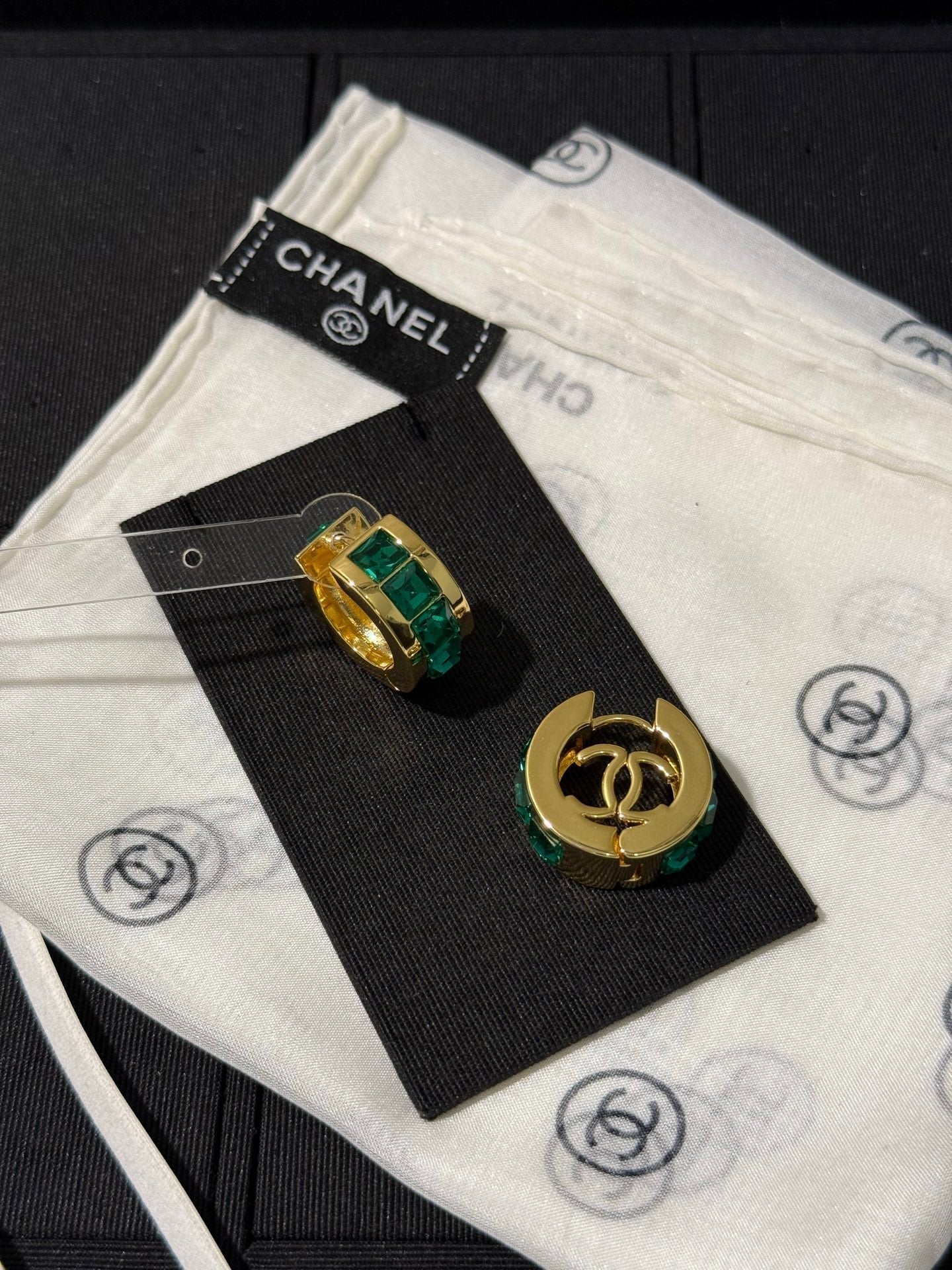 Chanel 2026 Emerald Square Diamond Gold Double C Hoop Stud Earrings