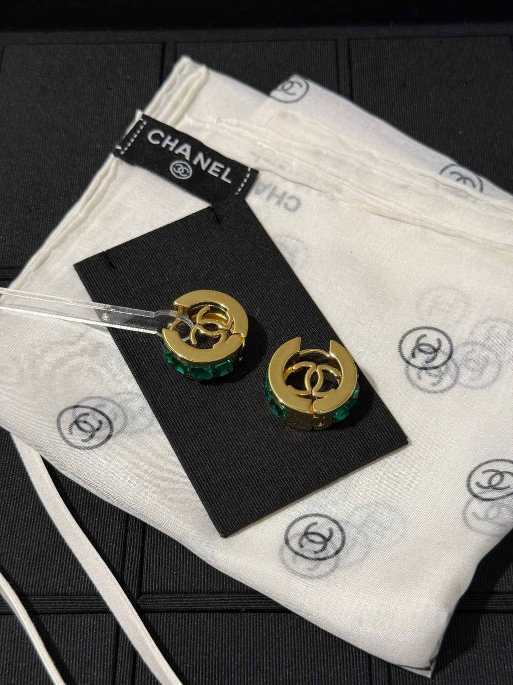 Chanel 2026 Emerald Square Diamond Gold Double C Hoop Stud Earrings