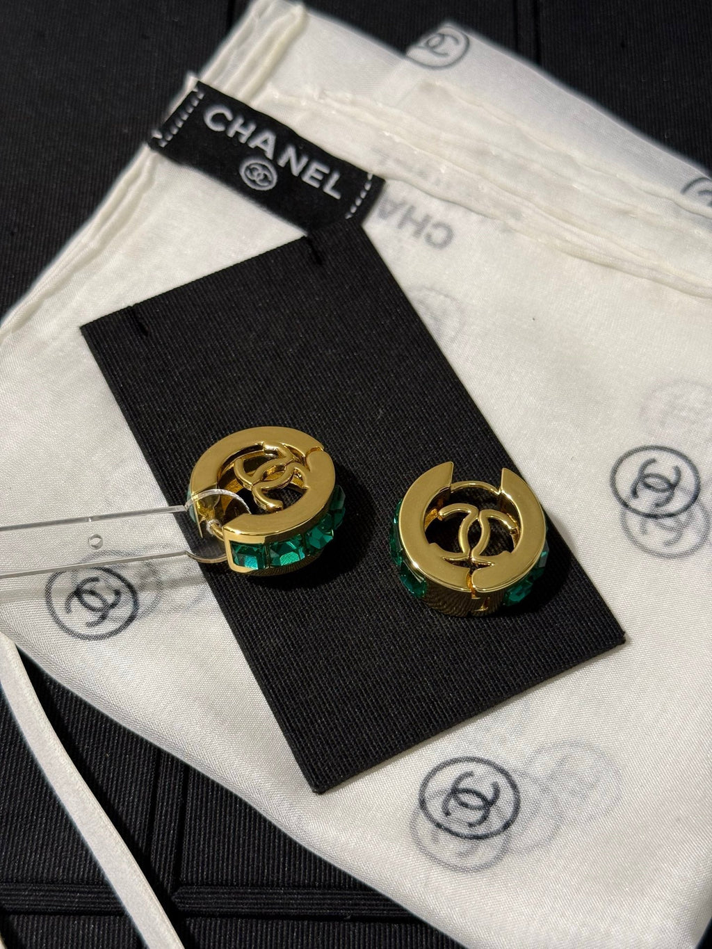 Chanel 2026 Emerald Square Diamond Gold Double C Hoop Stud Earrings