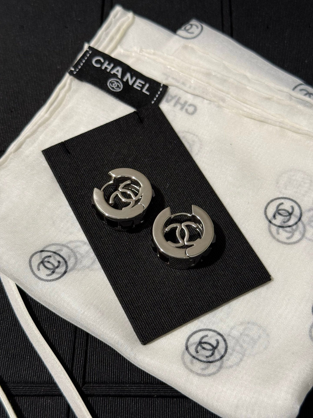 Chanel 2026 Black Square Diamond Silver Double C Hoop Stud Earrings