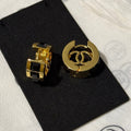 Chanel 2026 Black Square Diamond Gold Double C Hoop Stud Earrings
