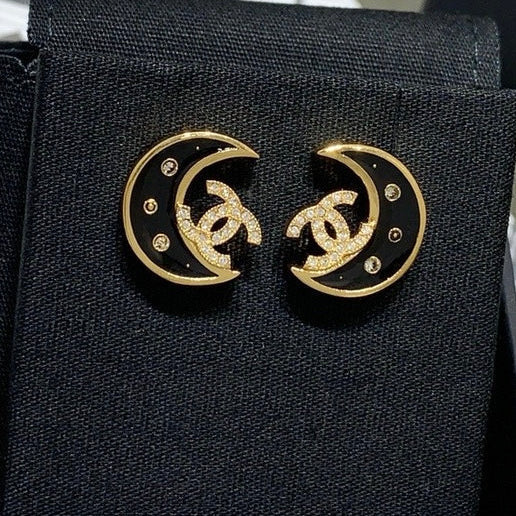 Chanel Black Enamel Full Diamond Double C Moon Earrings