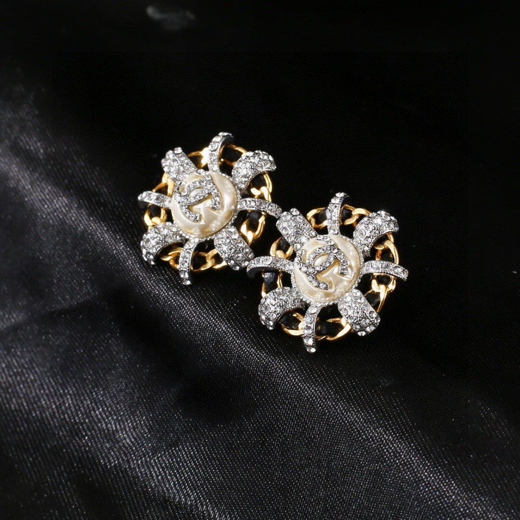 Chanel Mini Stud Silver Gold Black Diamond Earring