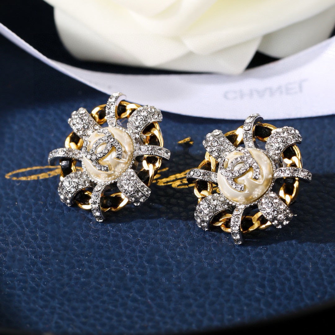 Chanel Mini Stud Silver Gold Black Diamond Earring