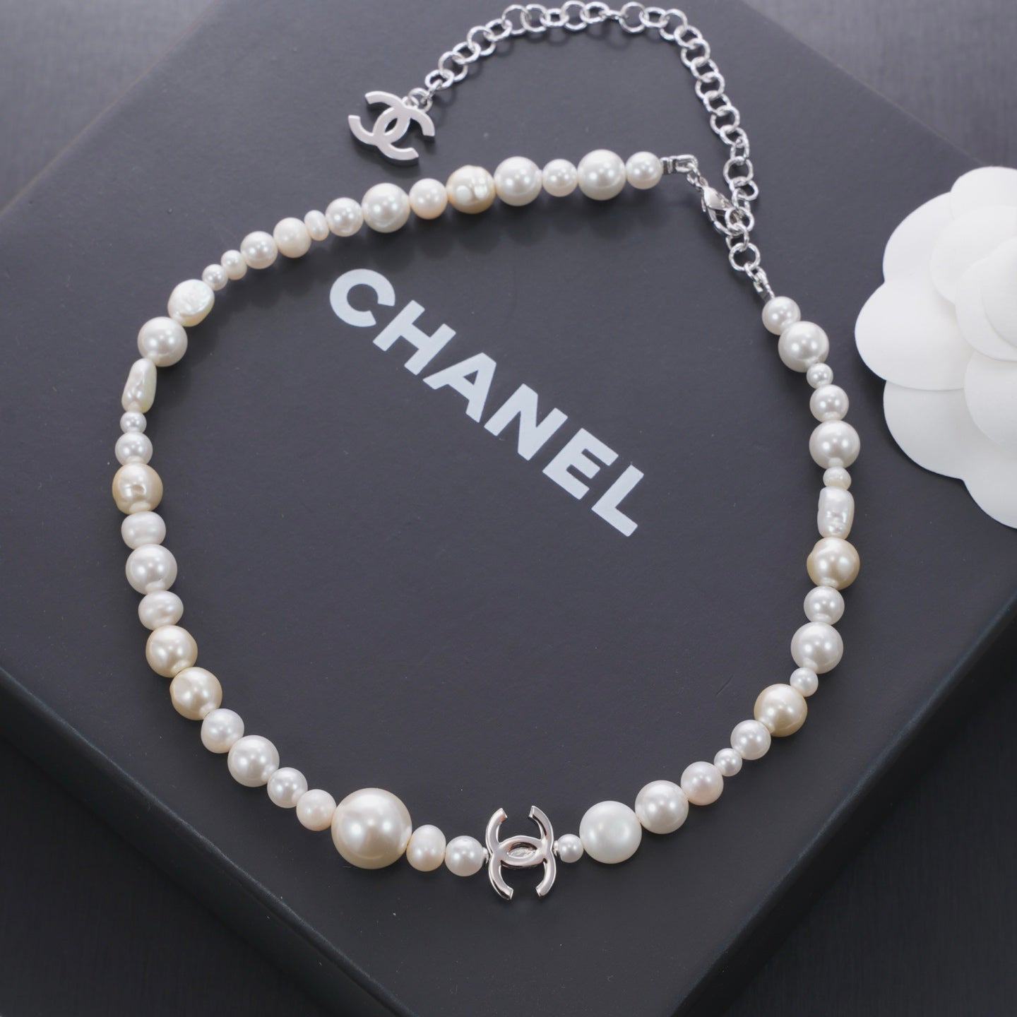Chanel 2026 Freshwater Pearl Silver Double C Short Necklace Choker
