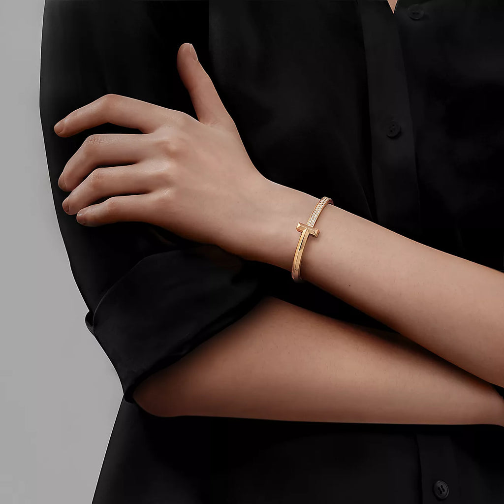 Tiffany T1 Wide Cubic Zirconia Hinged Bangle Pink Gold