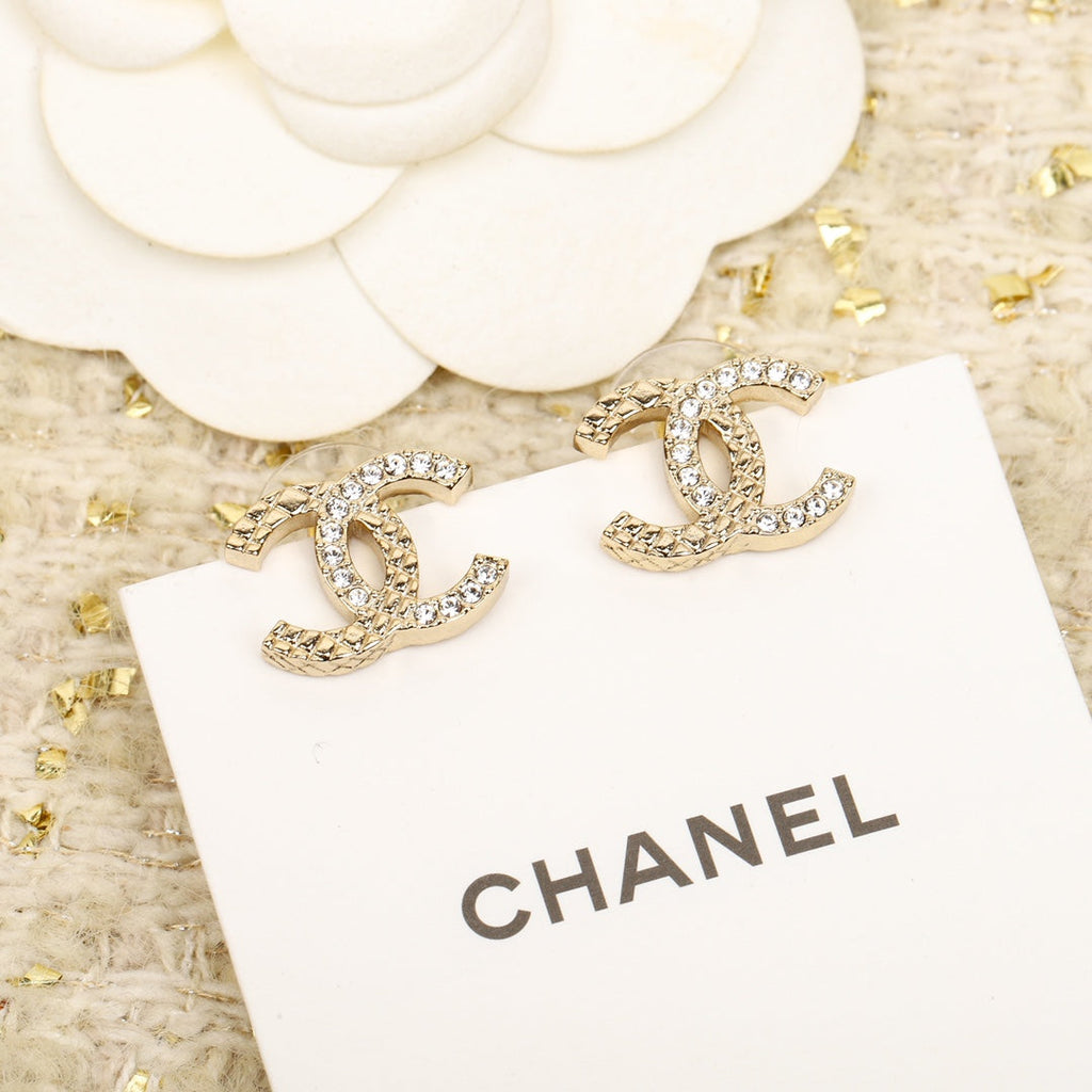 Chanel Double C Half Diamonds Gold Earrings