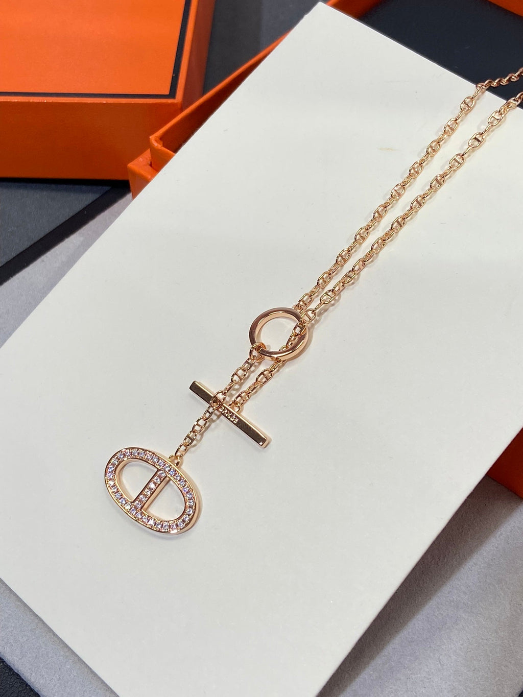 Hermes Chaine Small Full Diamond Pig Nose Pink Gold Necklace