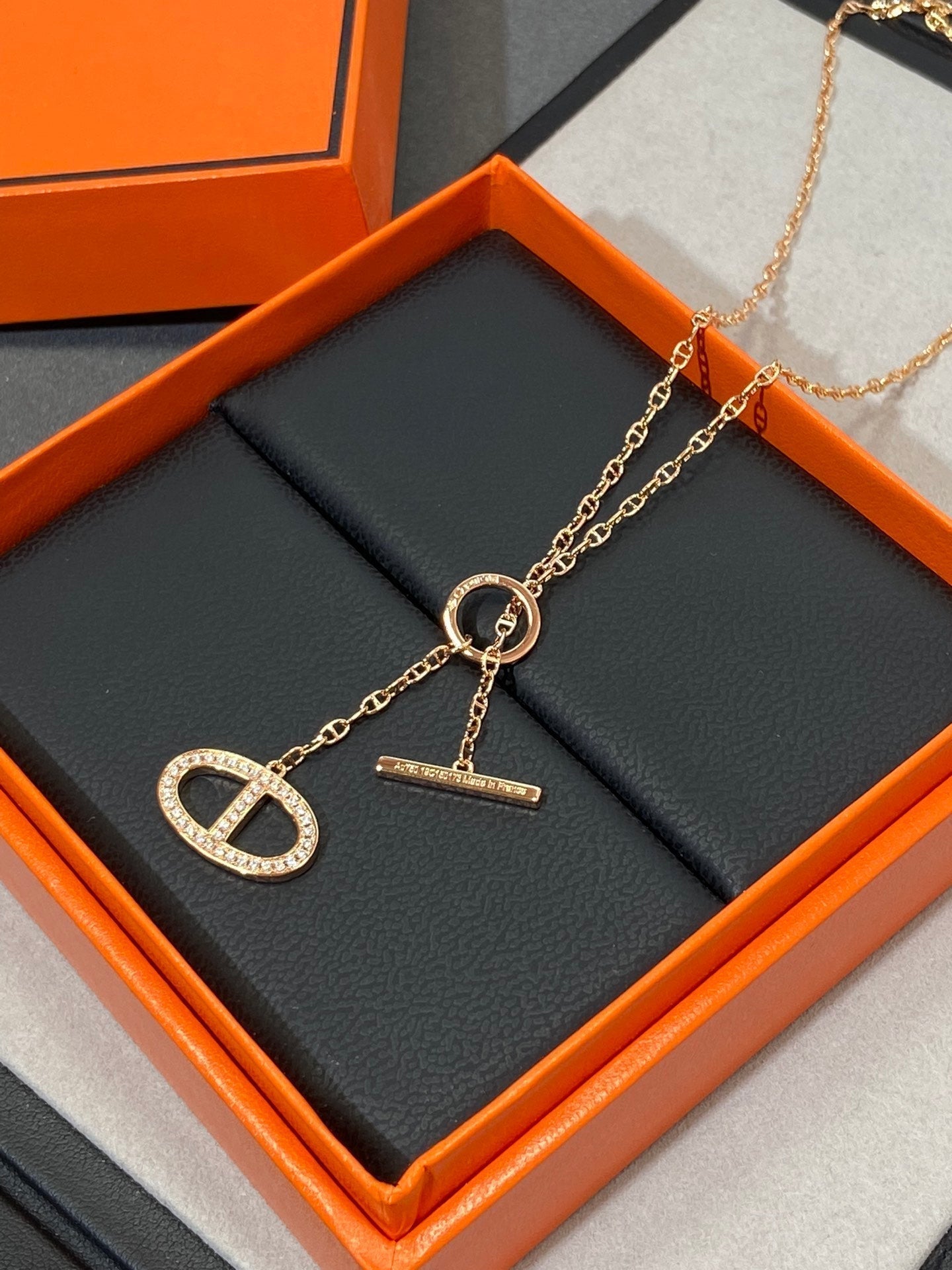 Hermes Chaine Small Full Diamond Pig Nose Pink Gold Necklace