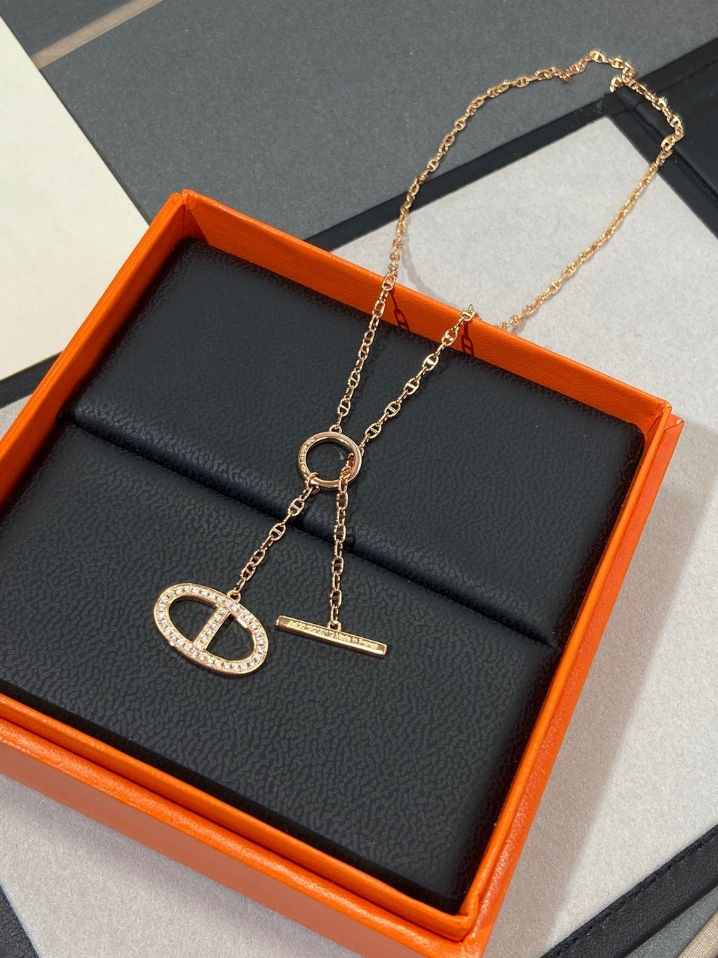 Hermes Chaine Small Full Diamond Pig Nose Pink Gold Necklace